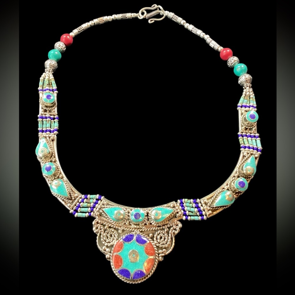 Tibetan Nepalese Silver Lapis Bullseye, Turquoise & Coral Collar Necklace (t18)
